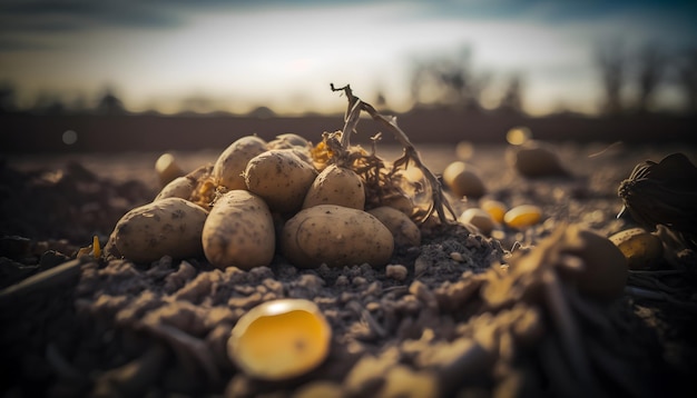 Patate su un campo con il sole che tramonta dietro di loro