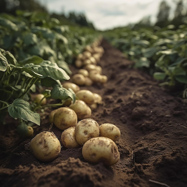 Patate sul campo con la parola patata sul fondo