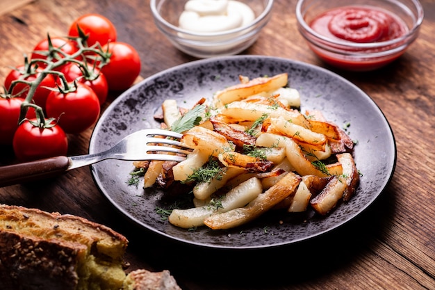 Patate tritate fritte deliziose con ketchup, maionese ed erbe aromatiche su fondo di legno.