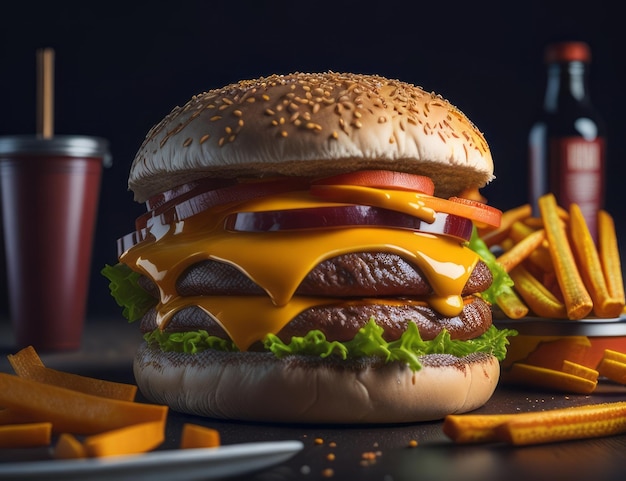 patatine fritte con doppio hamburger Cibo per il viaggio