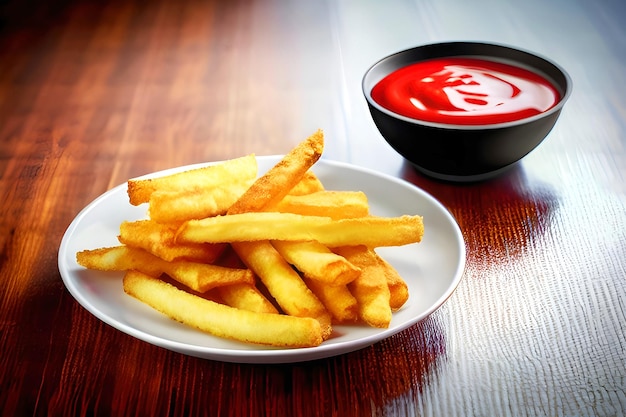 Patatine fritte con ketchup su un tavolo di legno Fuoco selettivo