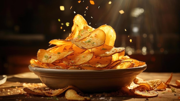 Patatine fritte con una spolverata di gustose spezie salate su un tavolo di legno con uno sfondo sfocato