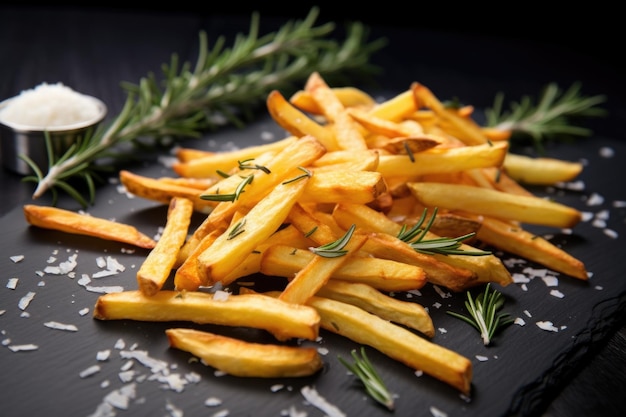 Patatine fritte cosparse di rosmarino su ardesia nera