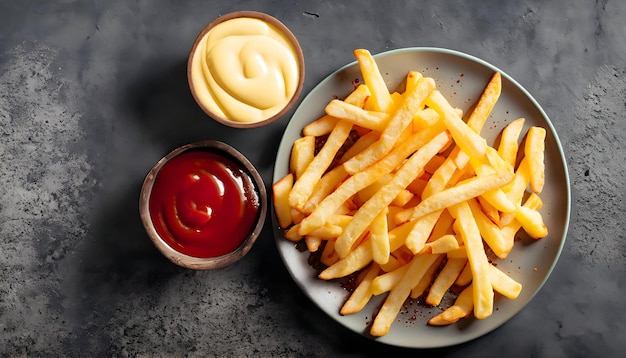 Patatine fritte deliziosamente croccanti con ketchup e maionese