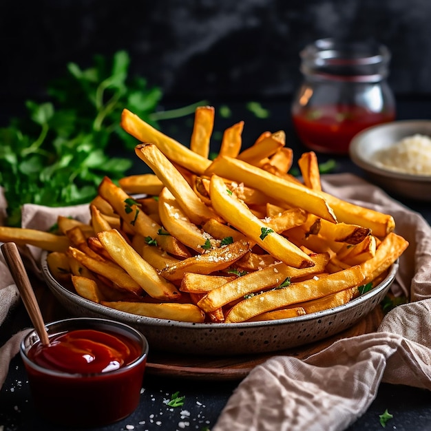 Patatine fritte dorate croccanti con salsa in un piatto su uno sfondo scuro