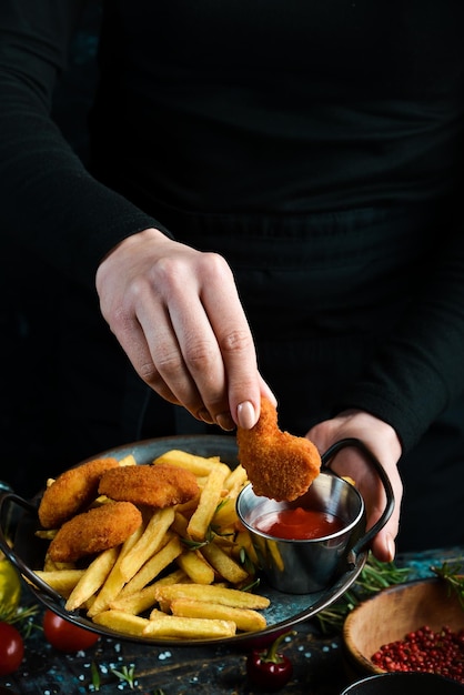 Patatine fritte e bocconcini di pollo con salsa su una piastra di metallo, su fondo di legno rustico. Concetto di fast food.