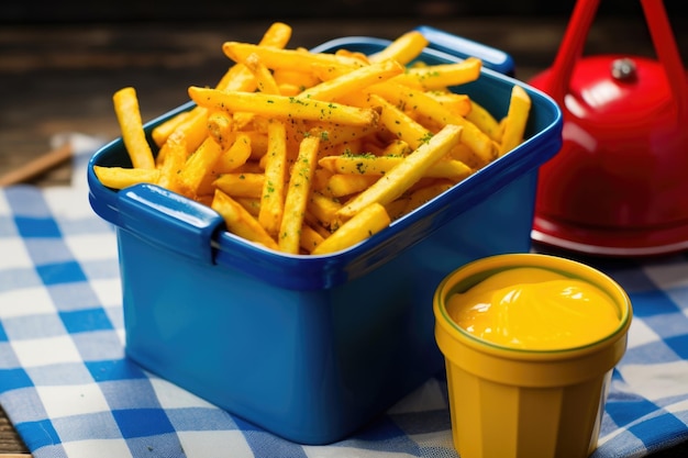 Patatine fritte in un cestino di plastica blu con senape gialla