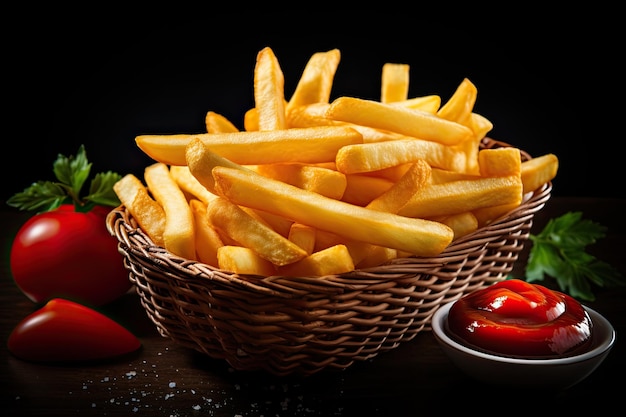 Patatine fritte nel cesto con ketchup e salsa isolati su sfondo nero