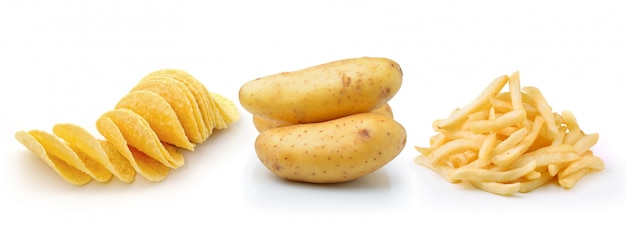 Patatine fritte, patate fritte e patata isolate su bianco