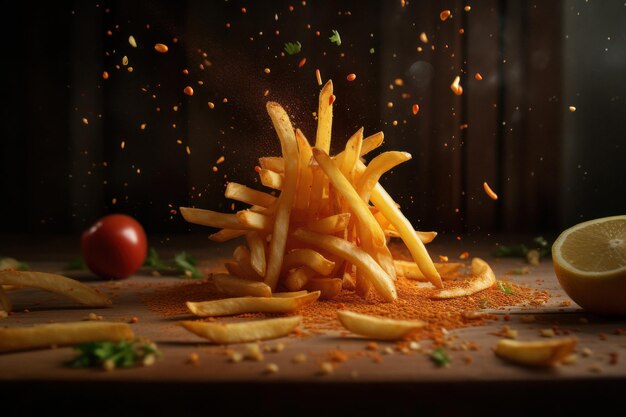 Patatine fritte volanti con doccia salina nella fotografia di cibo giocoso