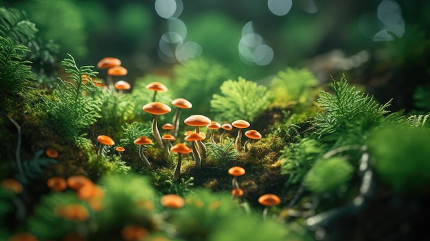 Patch di funghi immersa in una lussureggiante foresta verde con un effetto bokeh IA generativa