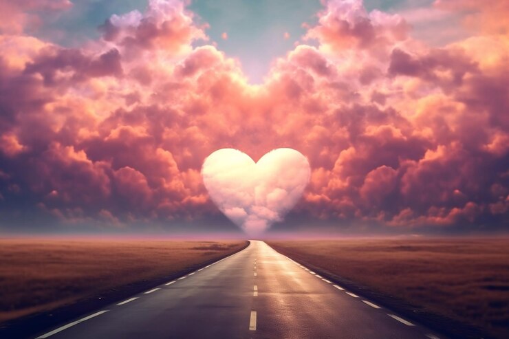 Pathway to Love Road Leading to a Heart in the Clouds Generative AI
