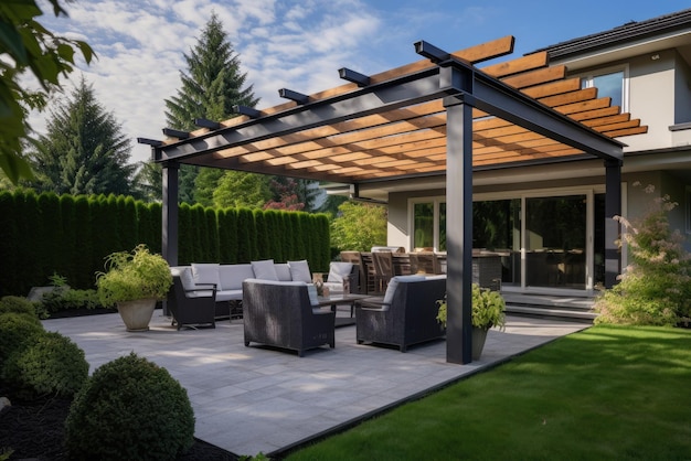 Patio accogliente con divani e un tavolo Pergola ombra sopra il patio Generativa AI