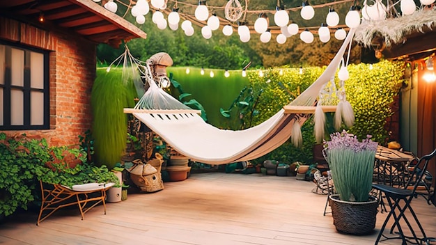 Patio all'aperto Bohochic con sedia a amaca appesa e luci a stringa