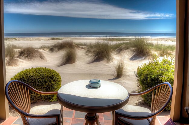 Patio con vista sulle onde della spiaggia che si infrangono e sulle dune di sabbia create con l'IA generativa