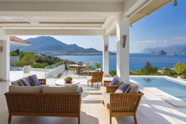 Patio della lussuosa villa con vista mare e montagne sullo sfondo