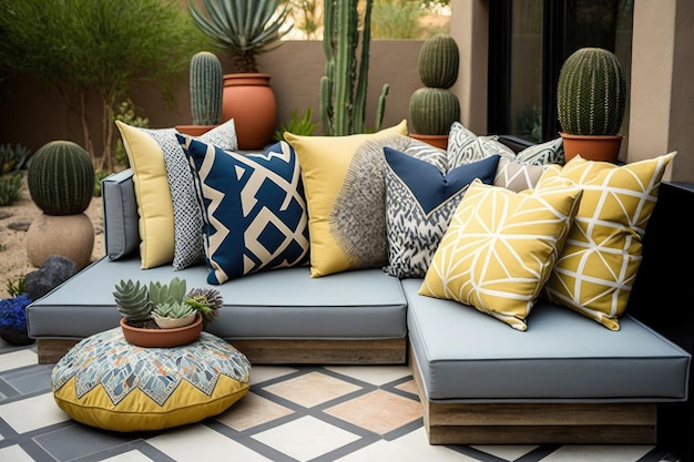 Patio moderno con comodi mobili da esterno ricoperti da cuscini a motivi geometrici creati