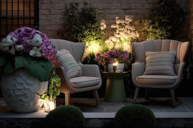 Patio moderno illuminato con comode poltrone e vaso luminoso con fiori creati con generi