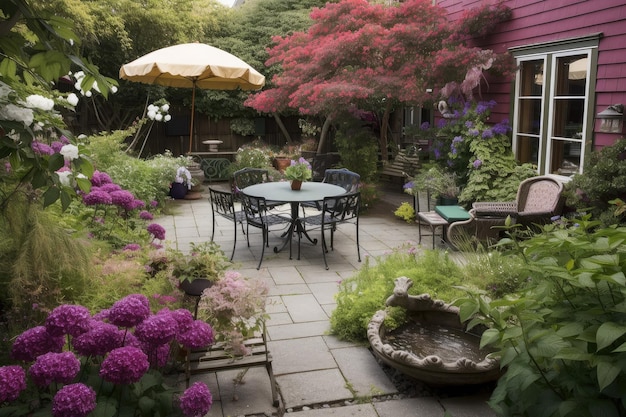 Patio pieno di giardino e mobili da esterno circondati da fiori che sbocciano