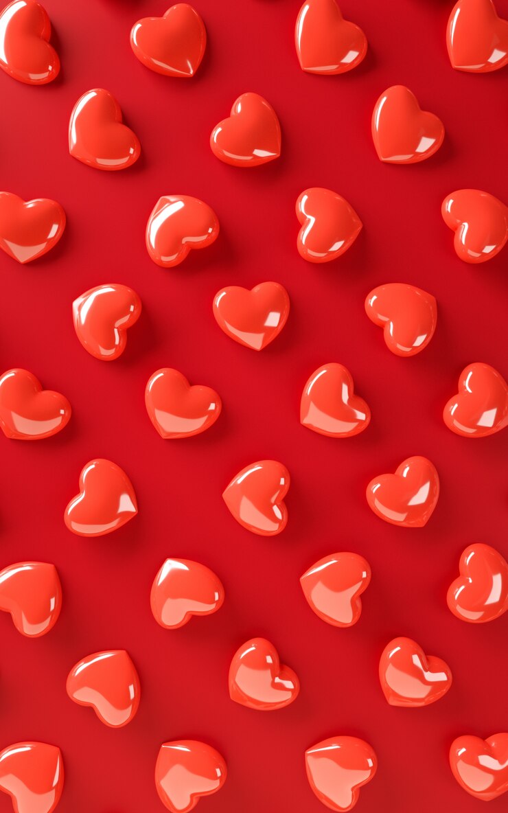 Pattern di sfondo cuori San Valentino. Colore piatto rosso brillante. Ami la cartolina d'auguri della celebrazione, il manifesto, modello dell'insegna per l'illustrazione della rappresentazione del partito 3d