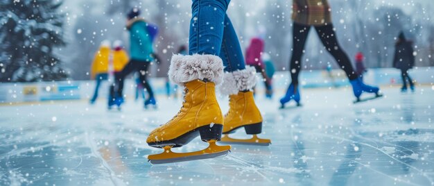 Pattinare sul ghiaccio su una pista all'aperto invernale divertente giocoso freddo