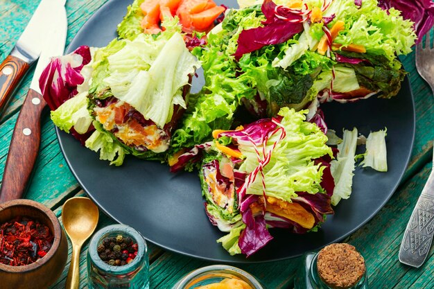 Paupiette di insalata,salmone e albicocche secche.Insalata di salmone con foglie verdi