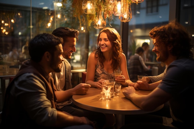 Pausa caffè crepuscolare con gli amici in un bar del centro commerciale Cali che unisce luci artificiali e luci soffuse naturali