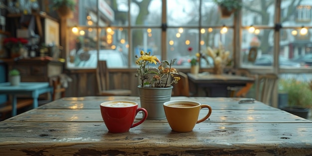 Pausa caffè in un accogliente caffè e sfondo naturale