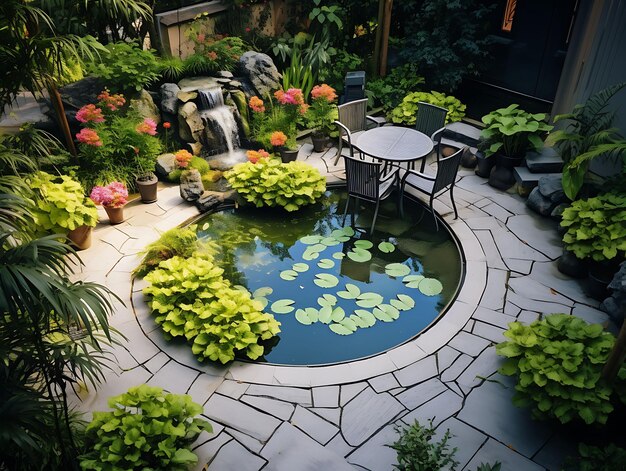 Paver Patio Pond con piccoli stagni a più livelli rinfrescante Outdo Beauty Frame Photo Scene Social Post