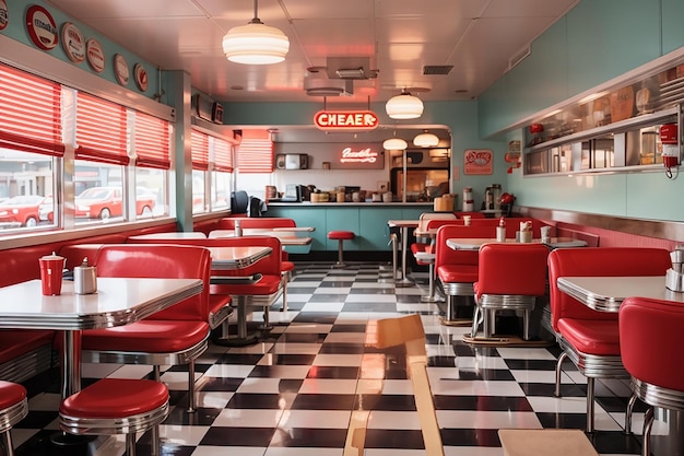 Pavimenti a scacchiera Retro Diner Nostalgia Vinile rosso e vintage americano