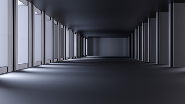Pavimento con colonne di pilastri in cementoArchitettura di un pavimento in cemento edifici interni di una struttura edilizia Architettura di un corridoio in cemento 3D render