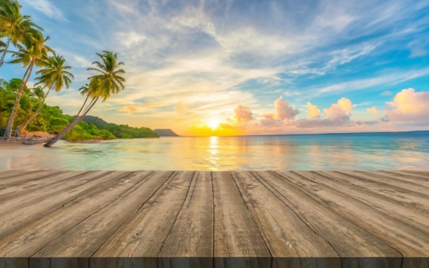 Pavimento di legno vuoto con sfondo di spiaggia a tramonto tropicale