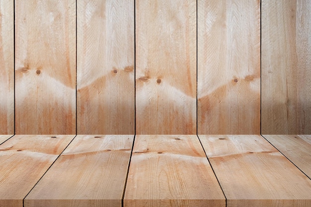 Pavimento di legno vuoto e sfondo di parete di legno dall'interno della stanza in stile vintage