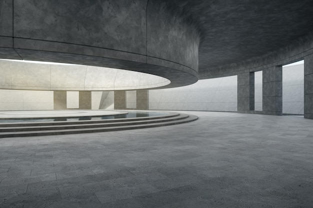 Pavimento in cemento curvo vuoto coperto con soffitto Rendering 3d dello sfondo astratto dello spazio interno