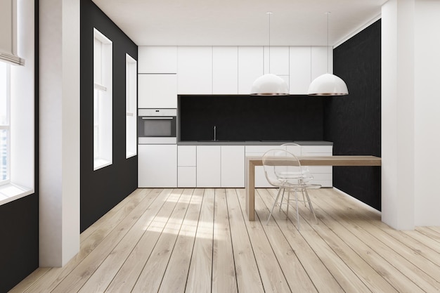 Pavimento in legno bianco e nero della cucina
