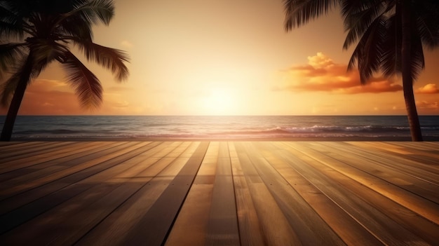 Pavimento in legno con palme e tramonto sullo sfondo della spiaggia IA generativa
