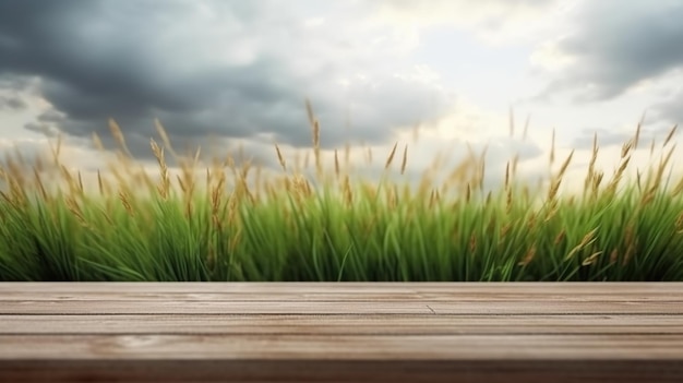 Pavimento in legno con sfondo di prato contro il cielo blu design naturale ecologico