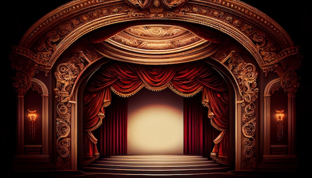 Pavimento in legno con tenda rossa vuota con riflettori Scena dell'opera teatrale con concerto di drappi o inaugurazione del cinema