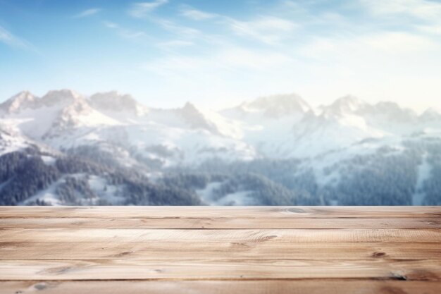Pavimento in legno e paesaggio innevato con montagne invernali astratte sfocate Illustrazione AI generativa