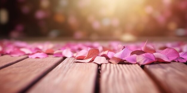 Pavimento in legno e sfondo di fiori rosa sfocato spazio di copia AI Generato