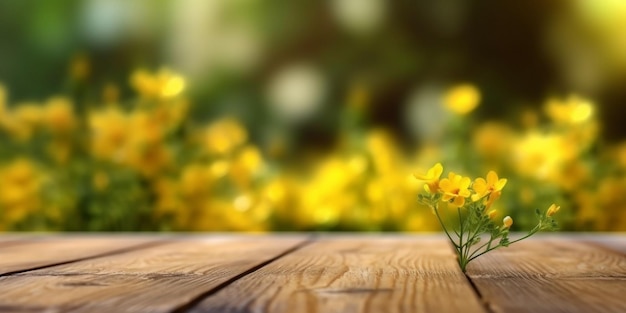 Pavimento in legno e sfondo fiore giallo sfocato copia spazio AI Generato