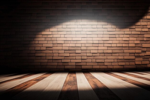 Pavimento in legno in prospettiva con un muro di mattoni contemporaneo come sfondo ed effetto luminoso Concetto per carta da parati astratta con gradiente di luce nel modello di montaggio del prodotto utilizzando una semplice immagine in legno