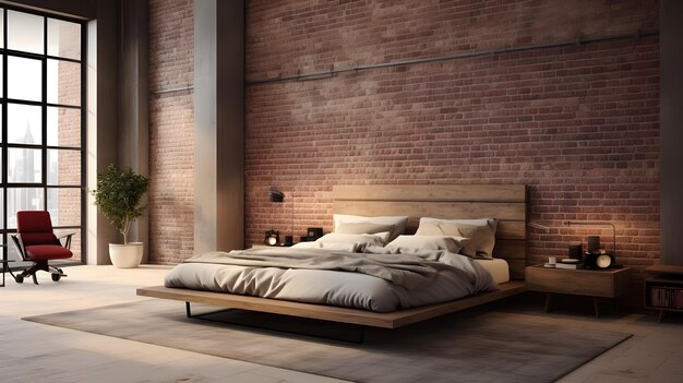 pavimento in legno in stile camera da letto pareti in mattoni e un letto con finestra