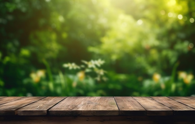 pavimento in legno nel giardino con sfondo verde natura