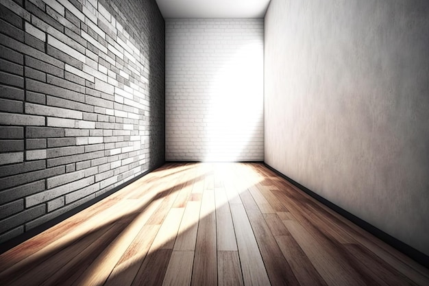 Pavimento in legno prospettico con sfondo e illuminazione moderni del muro di mattoni