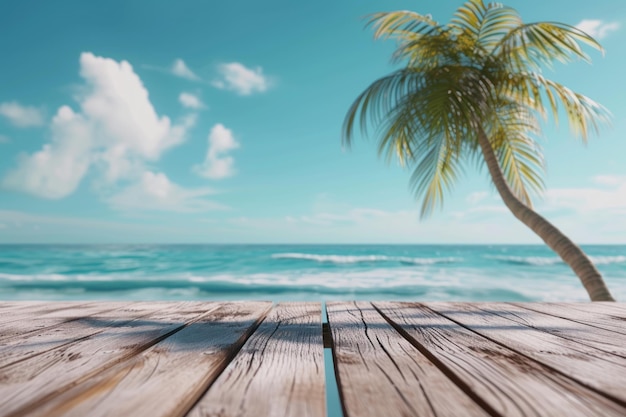 Pavimento in legno sulla spiaggia con palme e sfondo di cielo blu