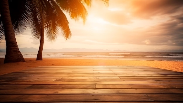 Pavimento in legno vuoto con sfondo spiaggia al tramonto tropicale IA generativa