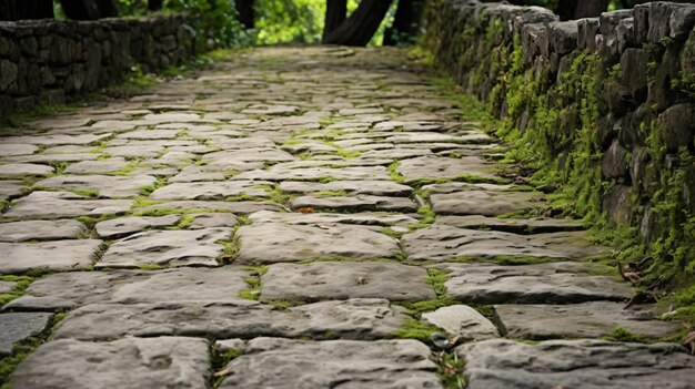 Pavimento in pietra a parete di pietra con fondo di muschio verde