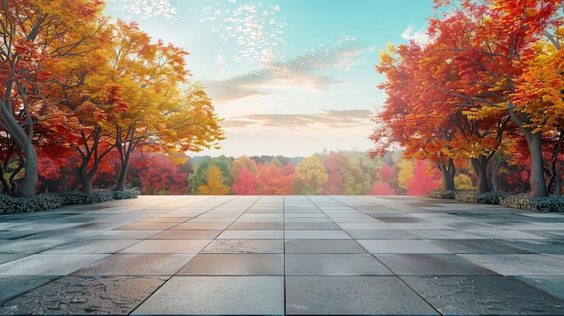 Pavimento quadrato vuoto e paesaggio naturale colorato della foresta in autunno