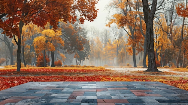 Pavimento quadrato vuoto e paesaggio naturale colorato della foresta in autunno